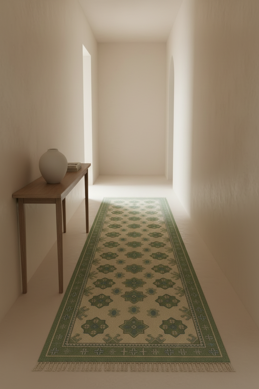 A long runner rug with a green and beige geometric pattern is displayed on a hallway floor, flanked by a wooden console table with a white vase.