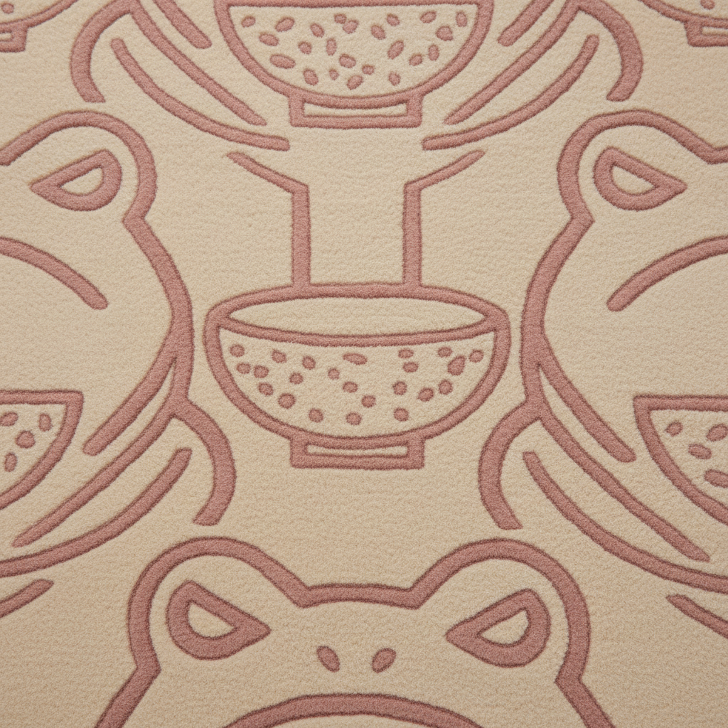 A close-up of a textured fabric or carpet featuring a repeating pattern of stylized frogs and bowls in dusty rose pink on a warm beige background.