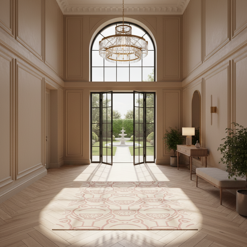 A grand interior hallway with cream paneled walls, herringbone wood flooring, a large arched window, and a chandelier. A pale pink patterned area rug lies on the floor, and a garden courtyard with a fountain is visible outside the glass doors.