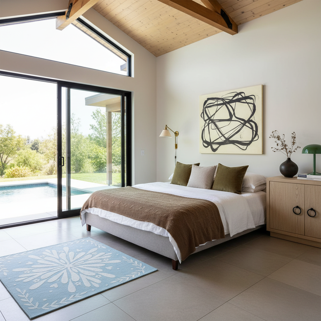 A modern bedroom interior with a bed dressed in white and brown bedding, olive and cream pillows, a light wood nightstand, abstract wall art, a blue floral rug, and large floor-to-ceiling windows overlooking a pool and garden.