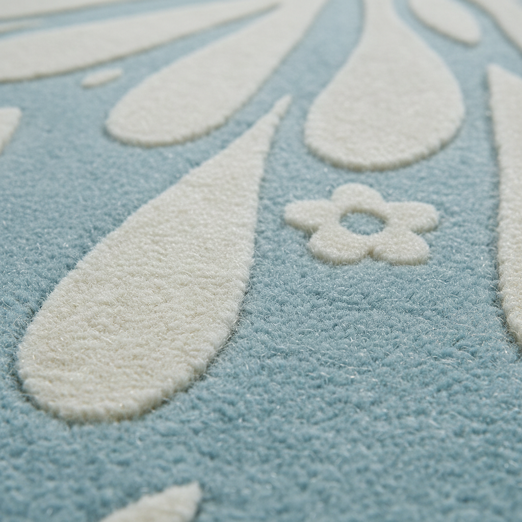 Close-up of a plush rug with a light blue background and raised off-white teardrop and flower motifs.