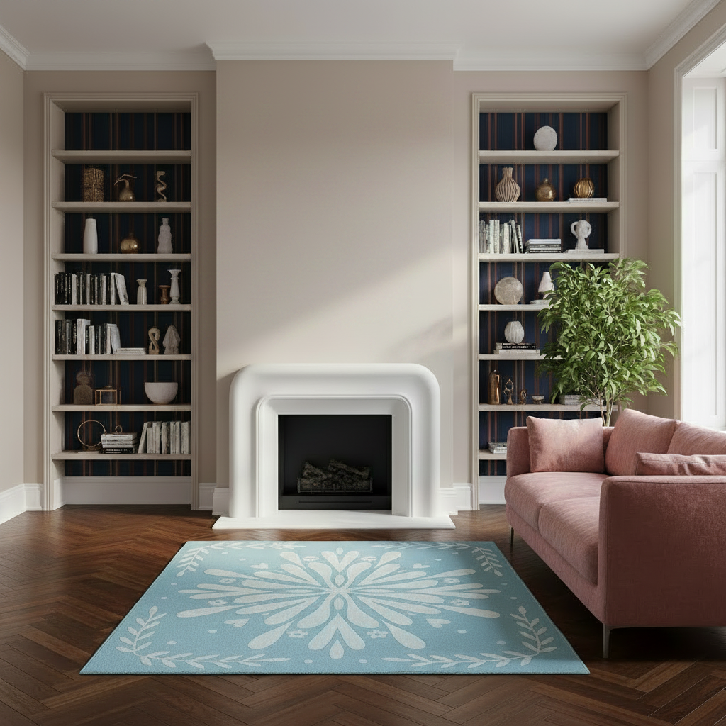 A styled living room scene featuring a light blue and white patterned area rug on a dark wood herringbone floor, positioned in front of a white fireplace. To the right is a dusty pink sofa, and the background consists of tall built-in shelves with navy blue backing and neutral decor.