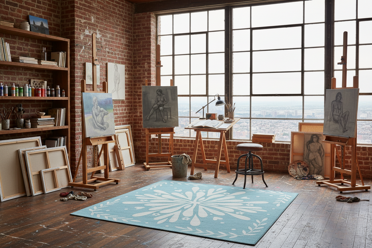 Art studio with easels, canvases, blue rug, and a large window view.