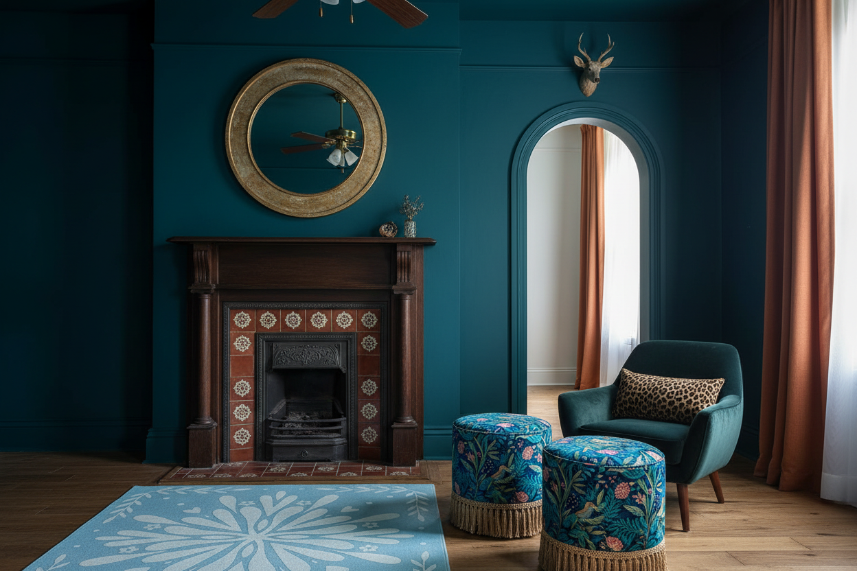 Living room with blue rug, walls, fireplace, and decorative furniture.