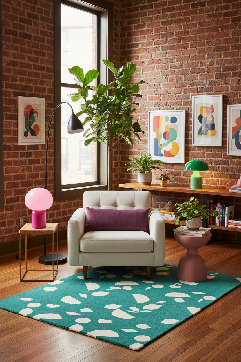 A styled living room corner with a white armchair, purple accent pillow, teal patterned rug, brick walls, framed abstract art, plants, a wooden bookshelf, and a pink floor lamp.