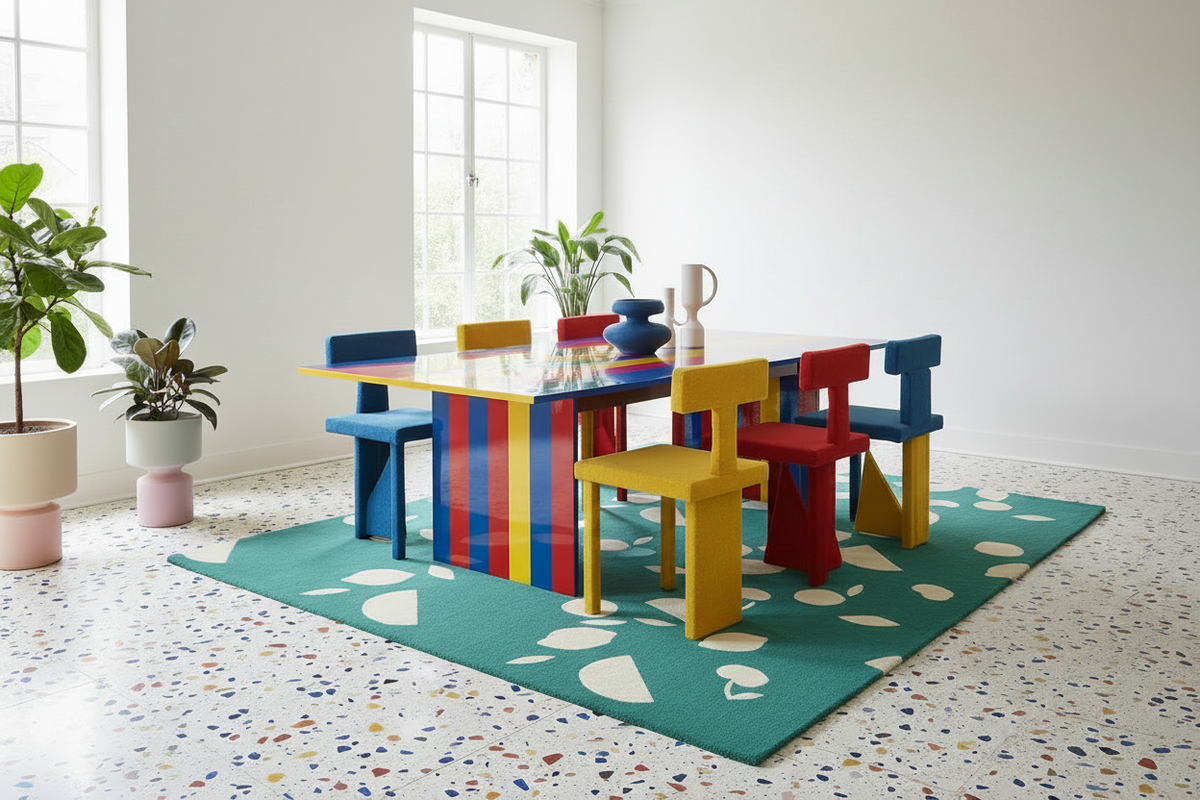 Colorful children's table and chairs set in a room with  green rug, large windows and plants.