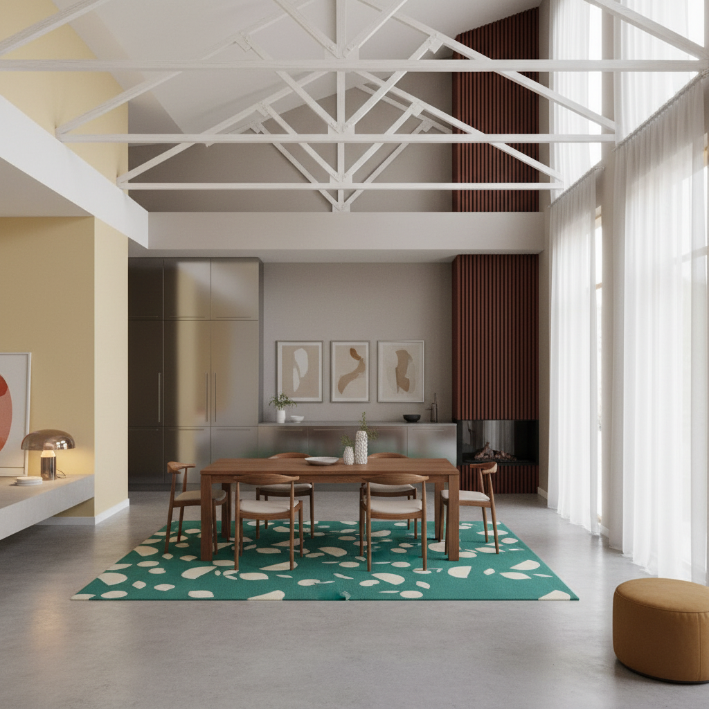 A modern dining room interior with a wooden dining table and chairs placed on a teal rug with irregular cream spots. The room has high white ceiling beams, large windows with sheer curtains, a kitchen area in the background, and a round brown ottoman on the floor.