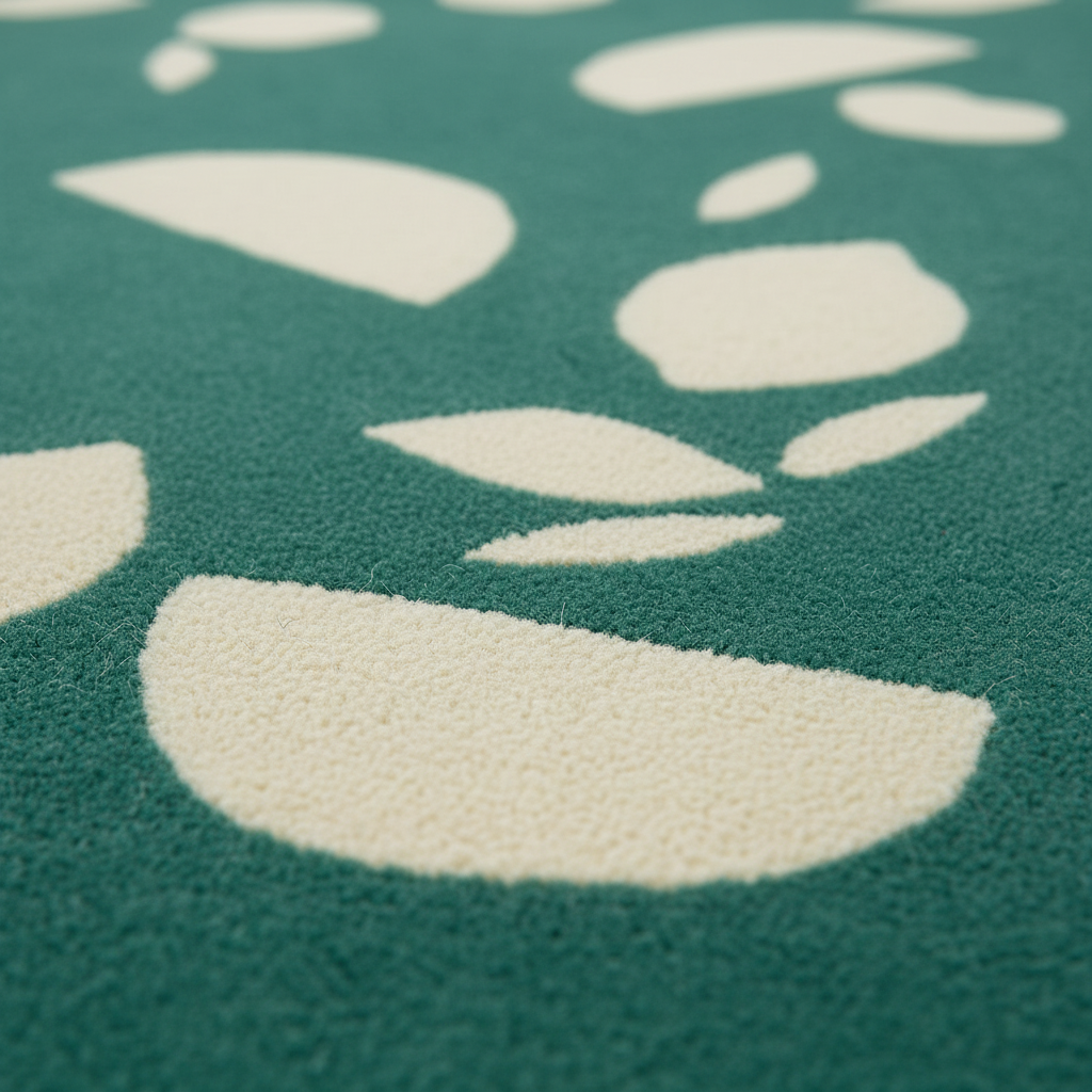 Close-up of a textured rug with a dark teal green background and a repeating abstract cream leaf pattern.