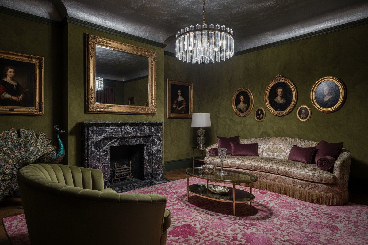 Luxurious living room with pink rug, green walls, a chandelier, and classical decor.