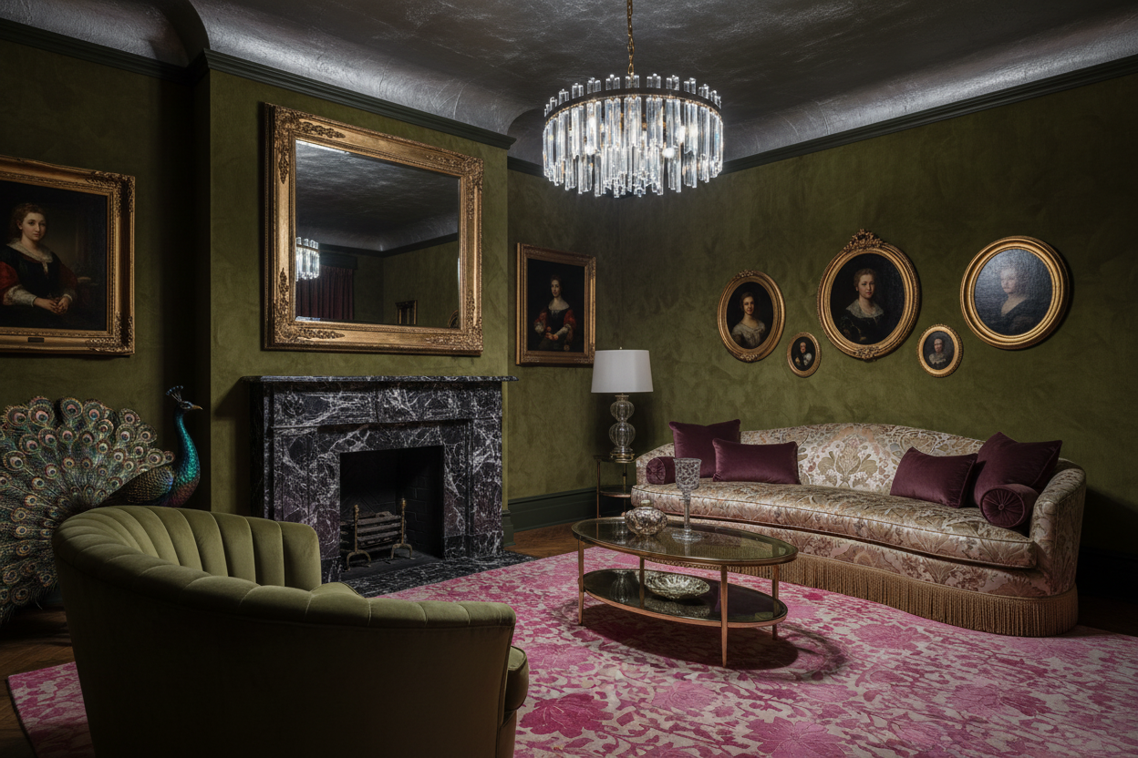 Luxurious living room with pink rug, green walls, a chandelier, and classical decor.
