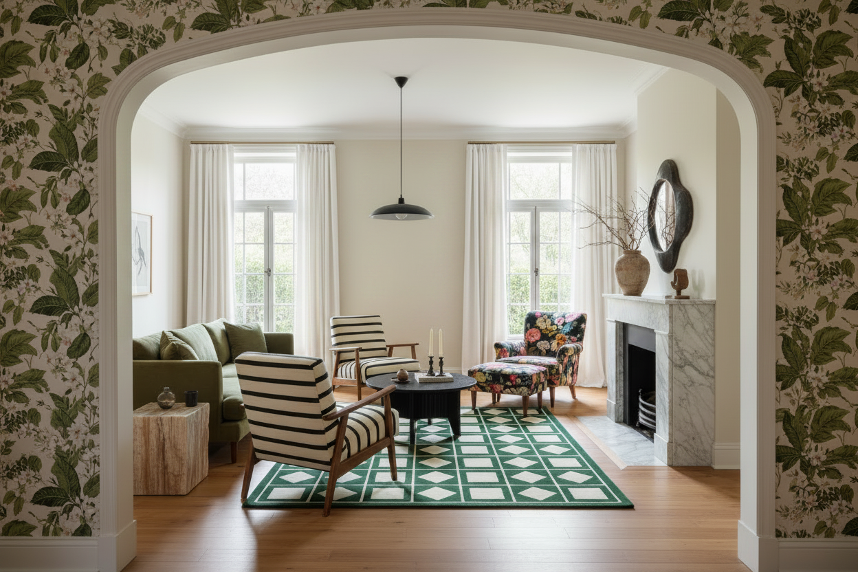 Living room with floral wallpaper, armchair, coffee table, and decorative gren rug.
