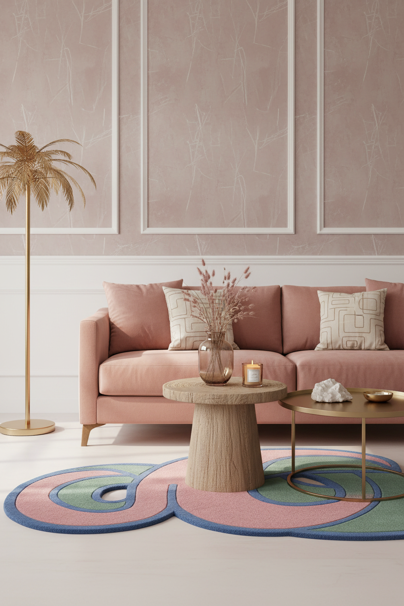 Living room with pink sofa, round coffee table, and colorful rug on a light wood floor.