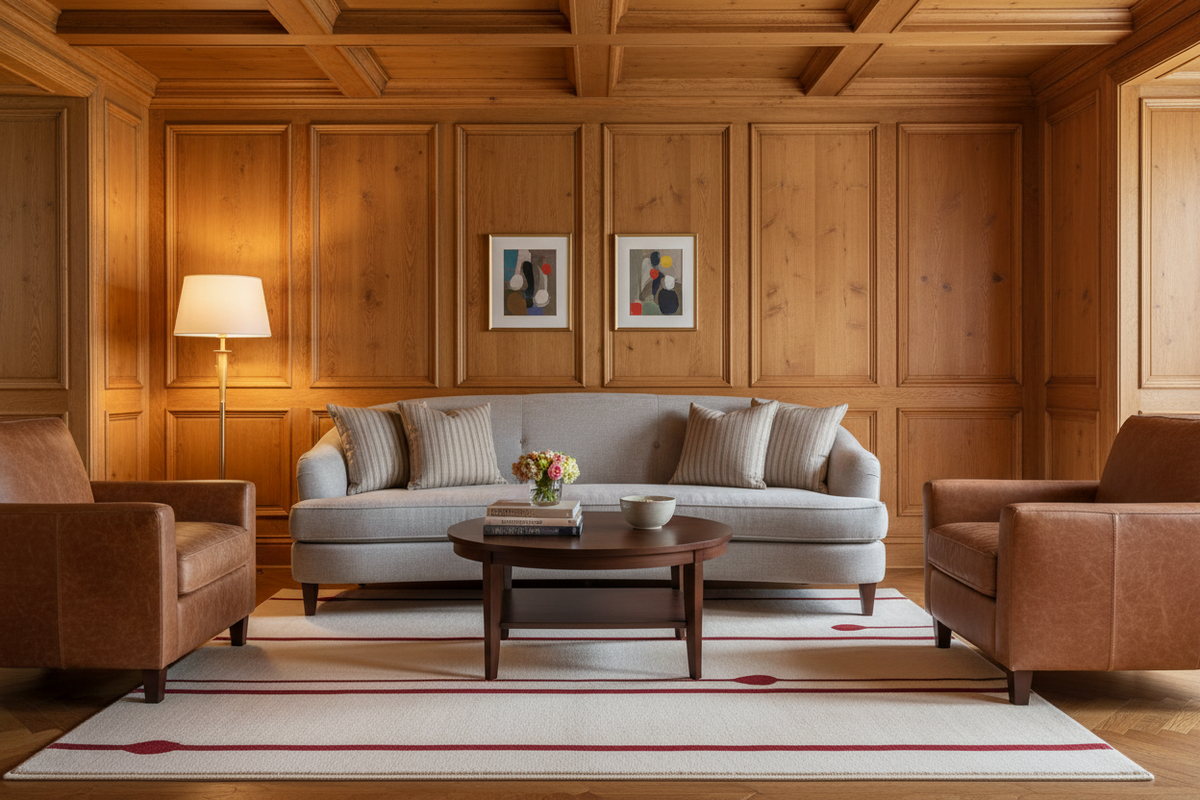 A styled living room interior with a light gray sofa, two brown leather armchairs, a round wooden coffee table, a cream rug with red stripes, wood-paneled walls, and a warm floor lamp.