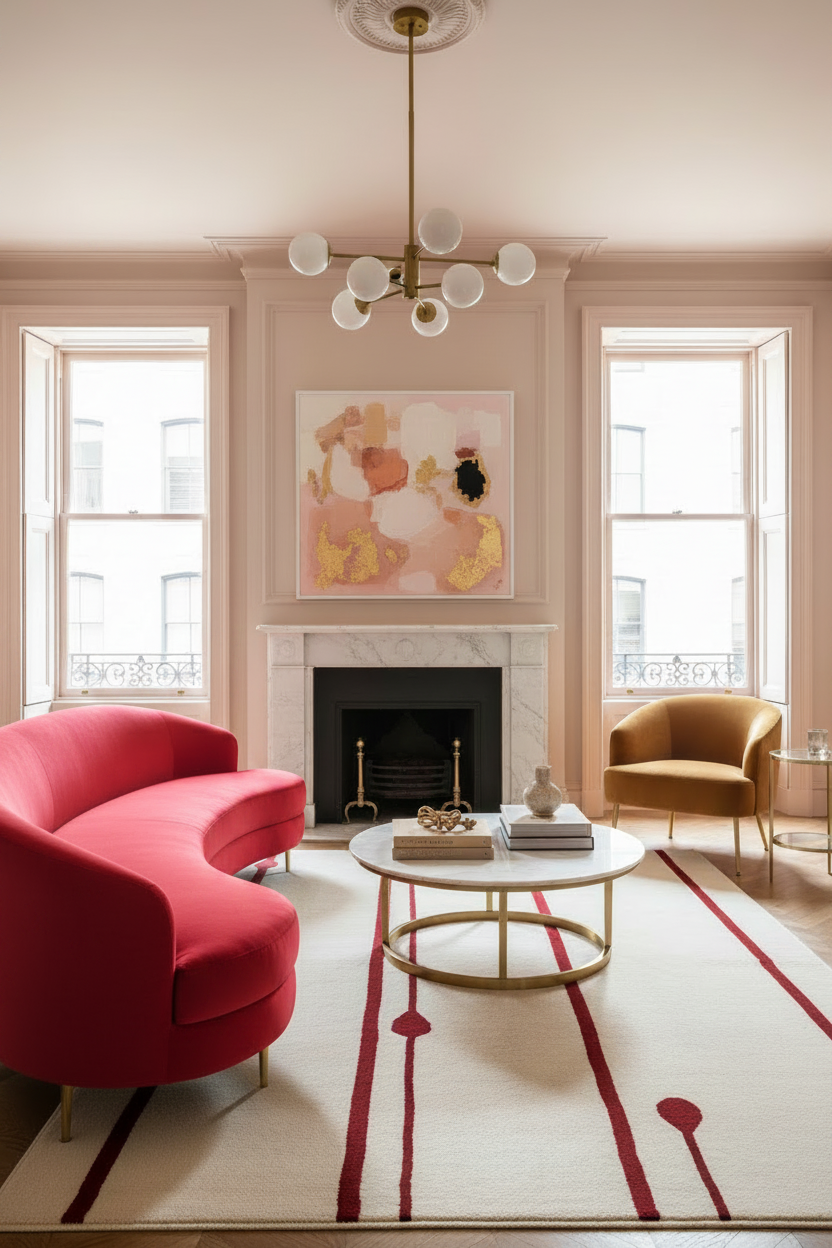Modern living room with pink walls, a red and beige rug, red sofa, and a gold chandelier.