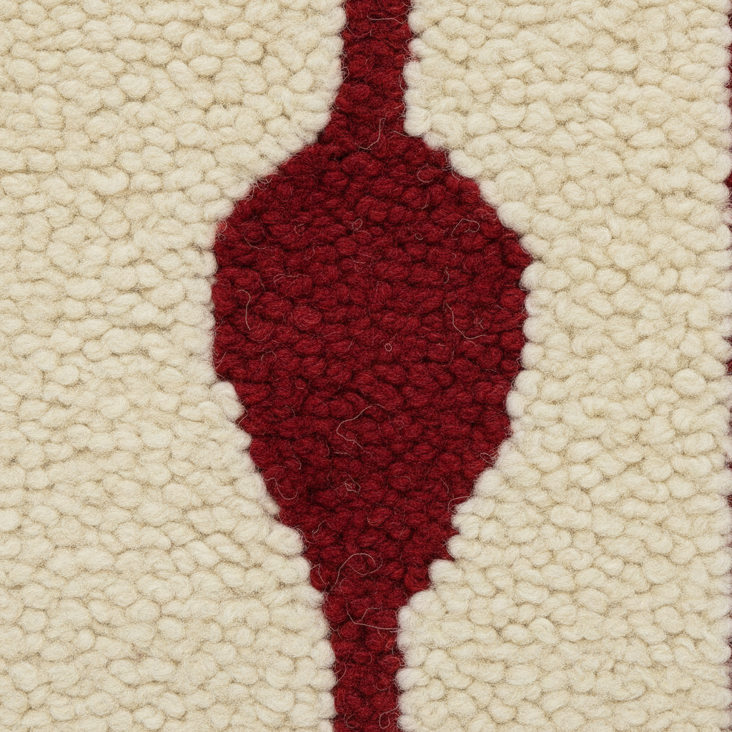 Close-up of a textured area rug featuring a deep burgundy red teardrop motif on a warm cream background.