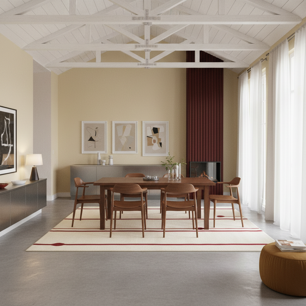 A modern dining room featuring a rectangular wooden dining table surrounded by six mid-century style wooden chairs, set on a cream and red patterned area rug. The room has a high white-beamed ceiling, light beige walls, a dark red vertical slatted accent wall, and large white curtains.