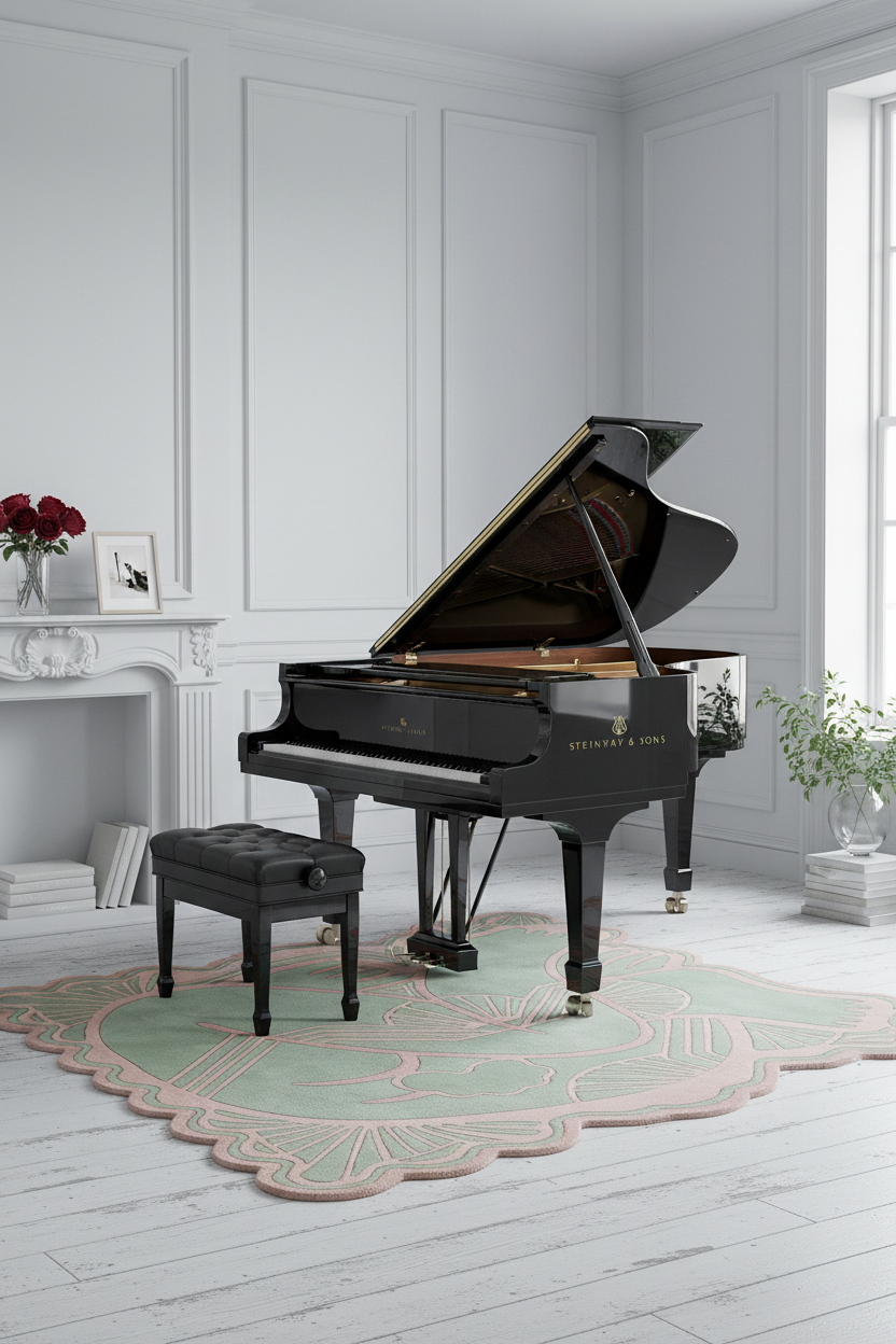 Black grand piano in a stylishly decorated room with green rug, white walls and a fireplace.