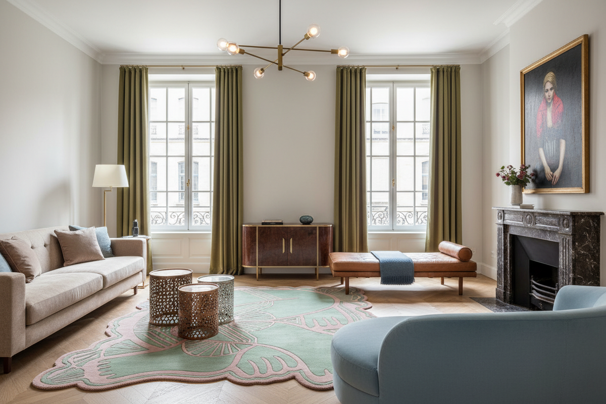 A beautifully styled living room featuring a beige sofa, a light blue armchair, a brown leather chaise lounge, a green patterned rug, olive green curtains, and a dark marble fireplace with a large portrait painting.