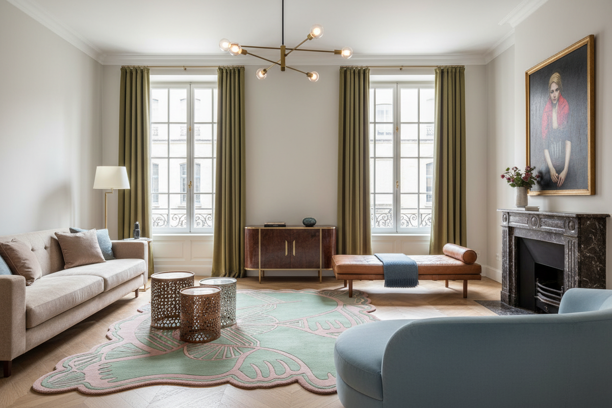 A beautifully styled living room featuring a beige sofa, a light blue armchair, a brown leather chaise lounge, a green patterned rug, olive green curtains, and a dark marble fireplace with a large portrait painting.