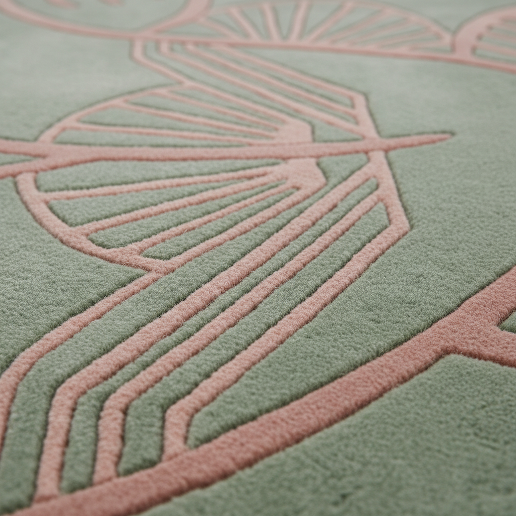 Close-up of a textured rug with a muted sage green base and a raised dusty pink geometric leaf-like pattern.