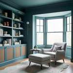 A styled mid-century modern reading nook featuring a light gray armchair and matching ottoman on a patterned rug, set against teal bookshelves and a bay window.