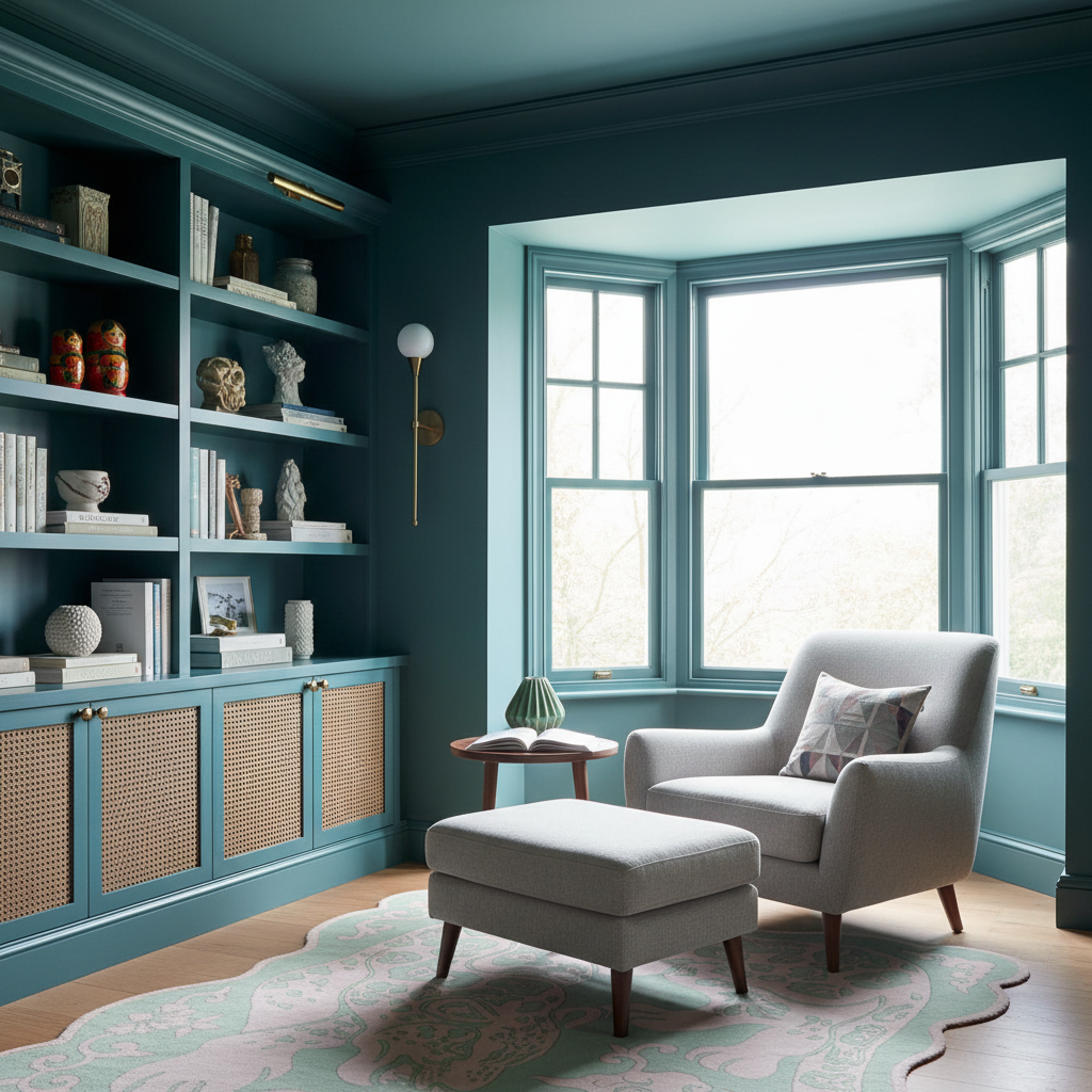 A styled mid-century modern reading nook featuring a light gray armchair and matching ottoman on a patterned rug, set against teal bookshelves and a bay window.