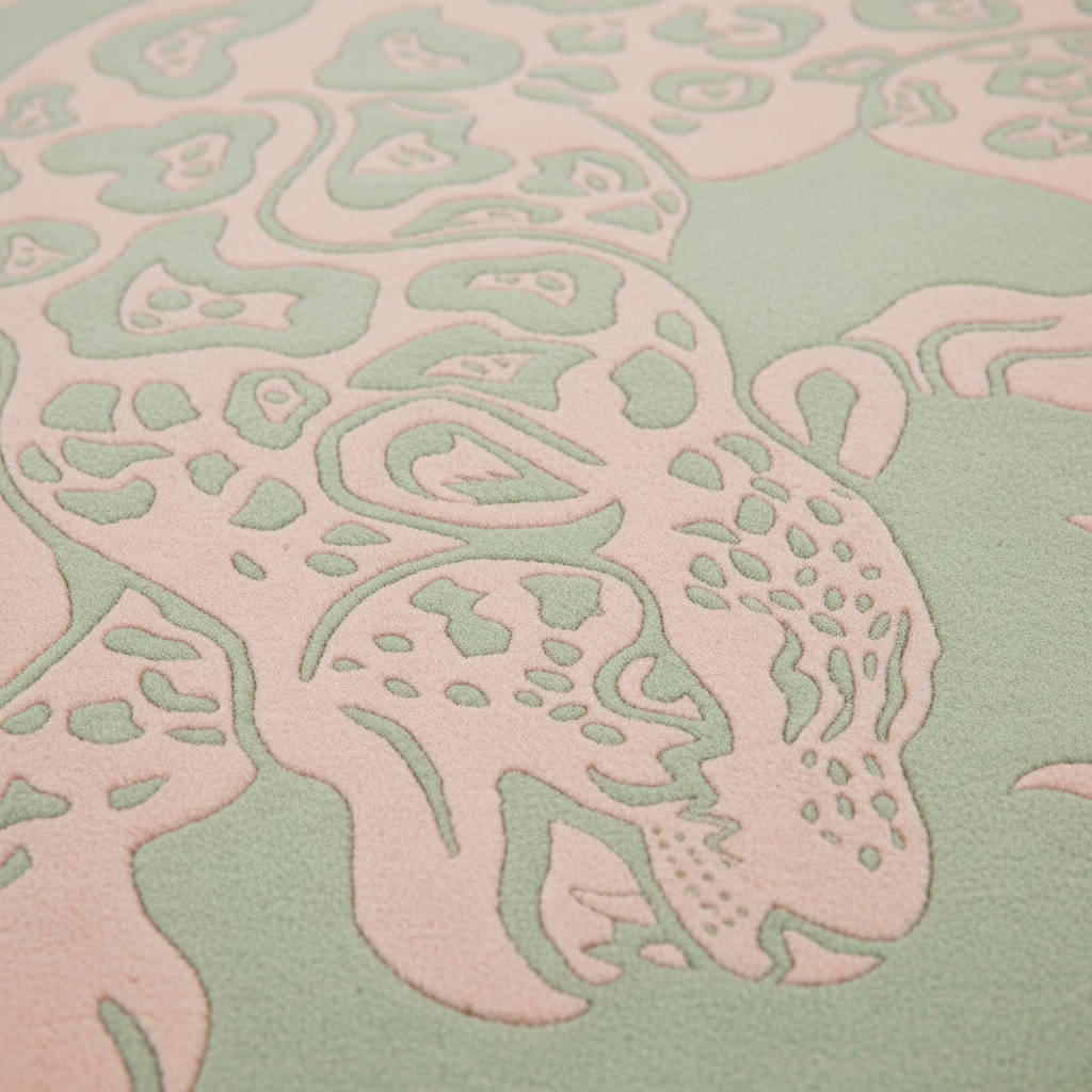 A close-up of a textured rug featuring a stylized animal pattern in pale pink raised relief on a soft mint green background.