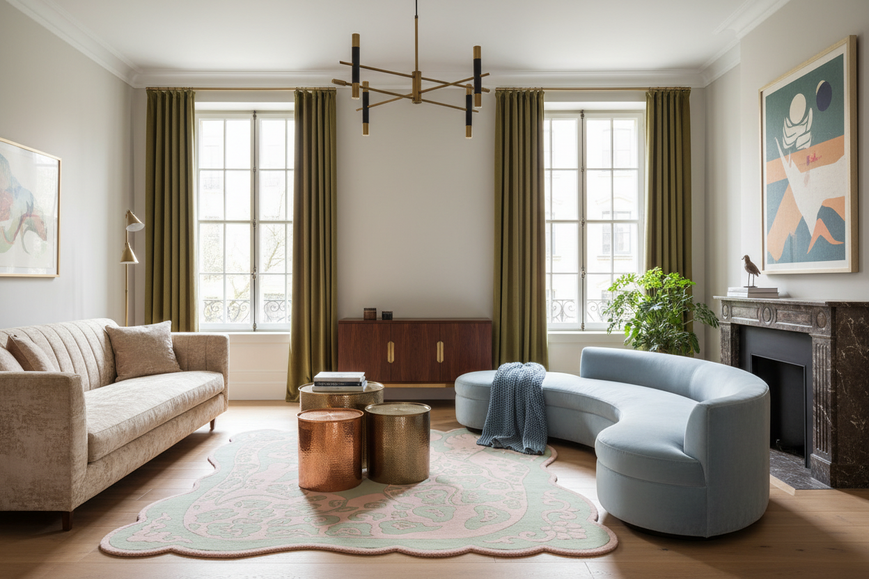 A styled living room interior featuring a light beige sofa, a curved pale blue lounge chair, a patterned pink and mint rug, olive green curtains, and a dark wood sideboard under tall windows.