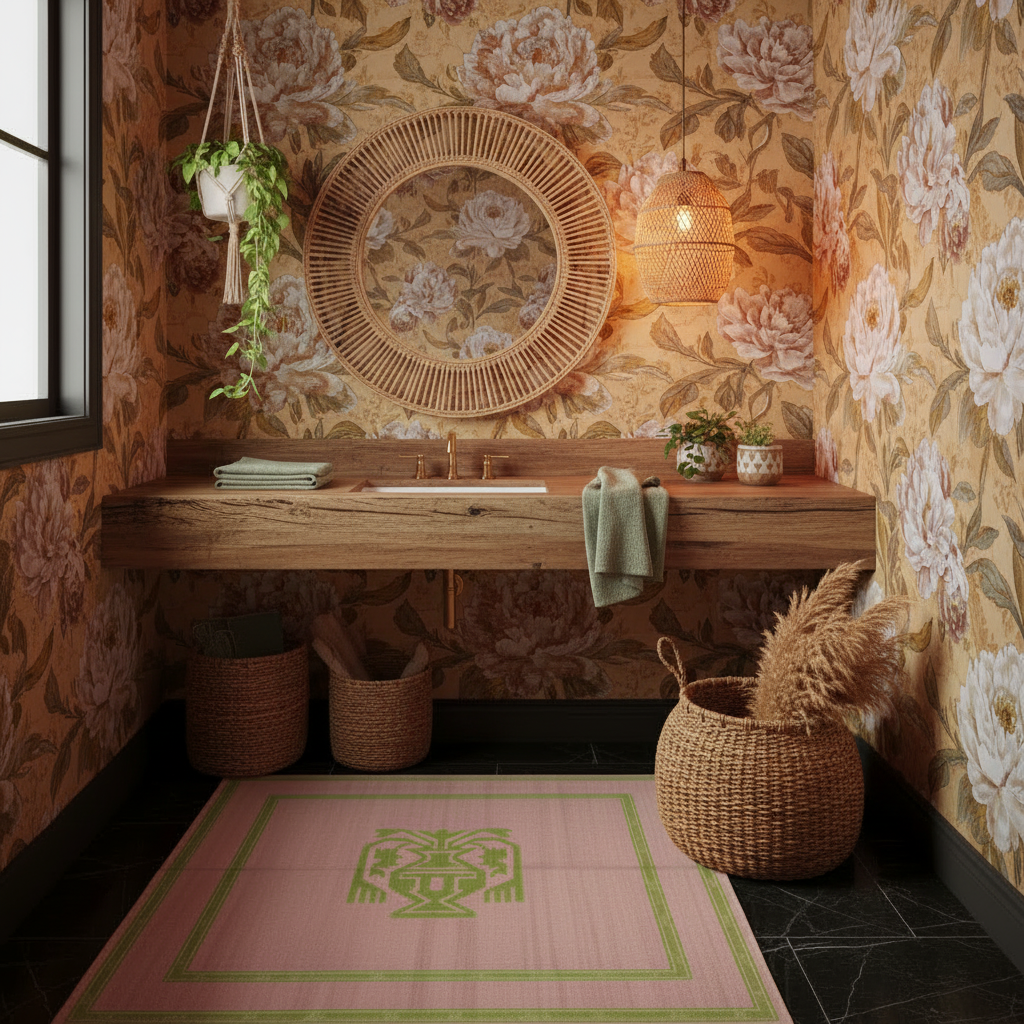 Decorative interior with floral wallpaper, knotted pink rug, wooden shelf, and wicker baskets.