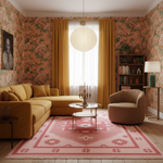 A retro-style living room featuring a mustard yellow sectional sofa, a matching accent chair, a pink and red patterned area rug, and floral wallpaper. A large white globe pendant light hangs from the ceiling, and a bookshelf stands against the back wall.