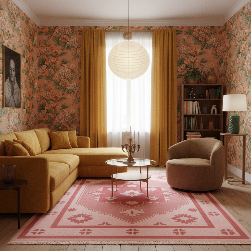 A retro-style living room featuring a mustard yellow sectional sofa, a matching accent chair, a pink and red patterned area rug, and floral wallpaper. A large white globe pendant light hangs from the ceiling, and a bookshelf stands against the back wall.