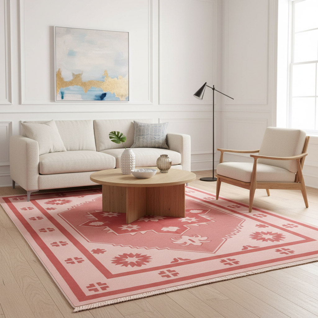 A styled living room scene featuring a large area rug with a pink and red geometric pattern, placed under a round wooden coffee table. The room includes a cream-colored sofa, a wooden armchair, a black floor lamp, and a white paneled wall with a framed abstract painting.