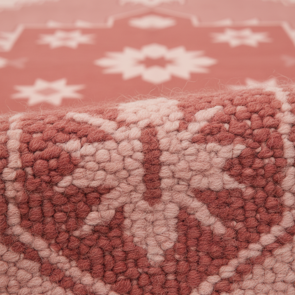 Close-up of a textured rug with a chunky, looped pile. The design features a geometric pattern in dusty terracotta red and pale blush pink, with a blurred background showing the same pattern.
