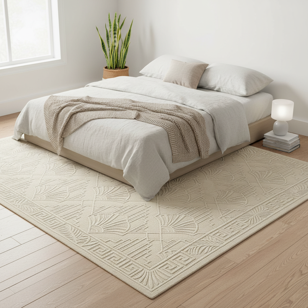 A large cream-colored area rug with an embossed geometric and leaf-like pattern, styled in a bright, modern bedroom under a low-profile platform bed with neutral bedding.