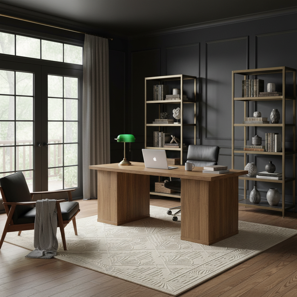 Modern office setup with wooden desk, bookshelves, art deco beige rug, and chair.