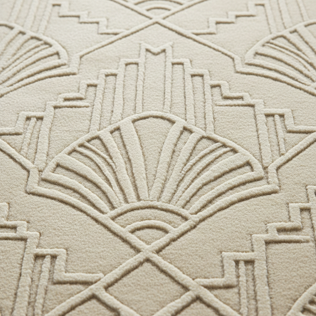A close-up of a textured rug with a repeating Art Deco fan and geometric pattern in a warm cream or off-white tone.