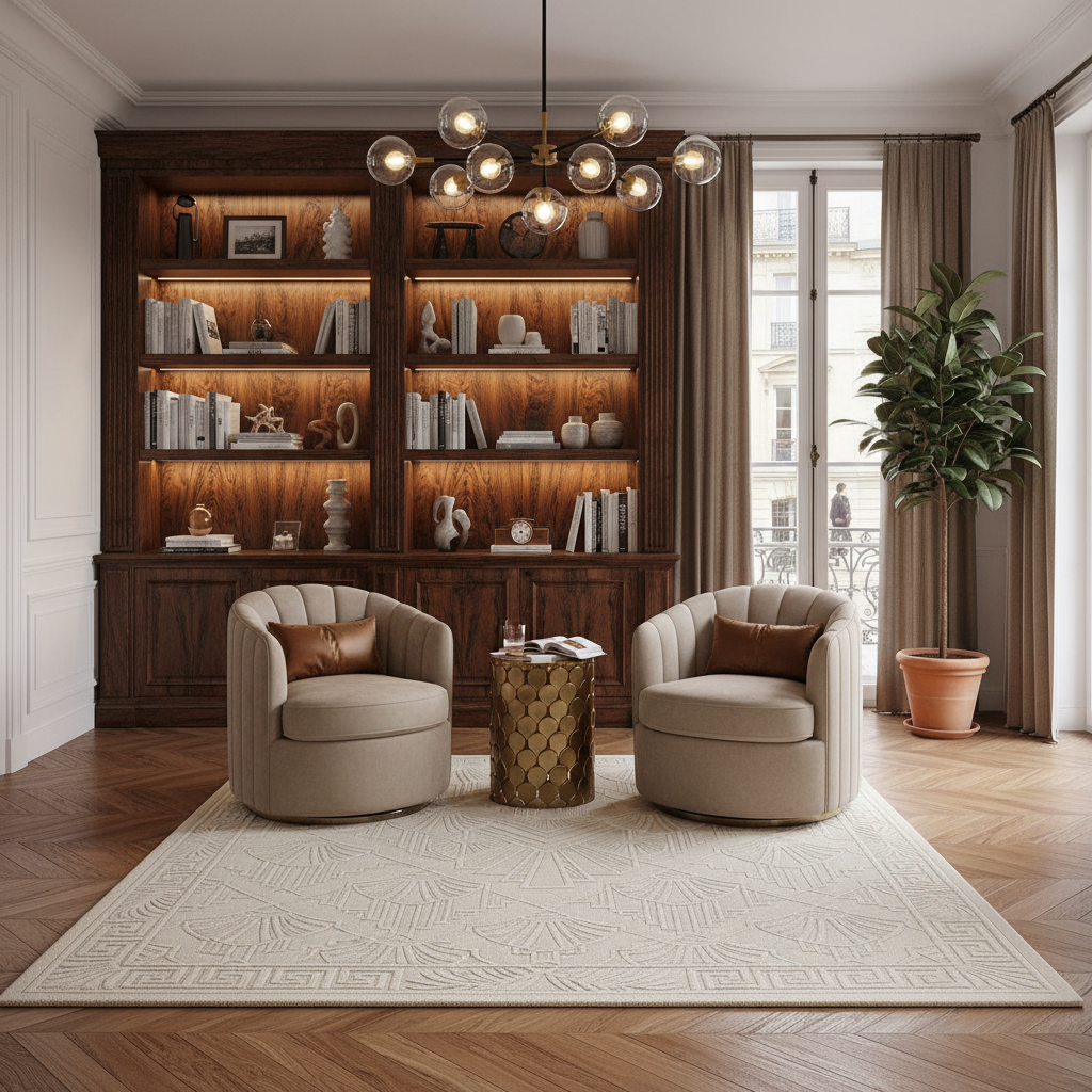 Modern living room with bookshelf, chairs, and decorative art deco rug.