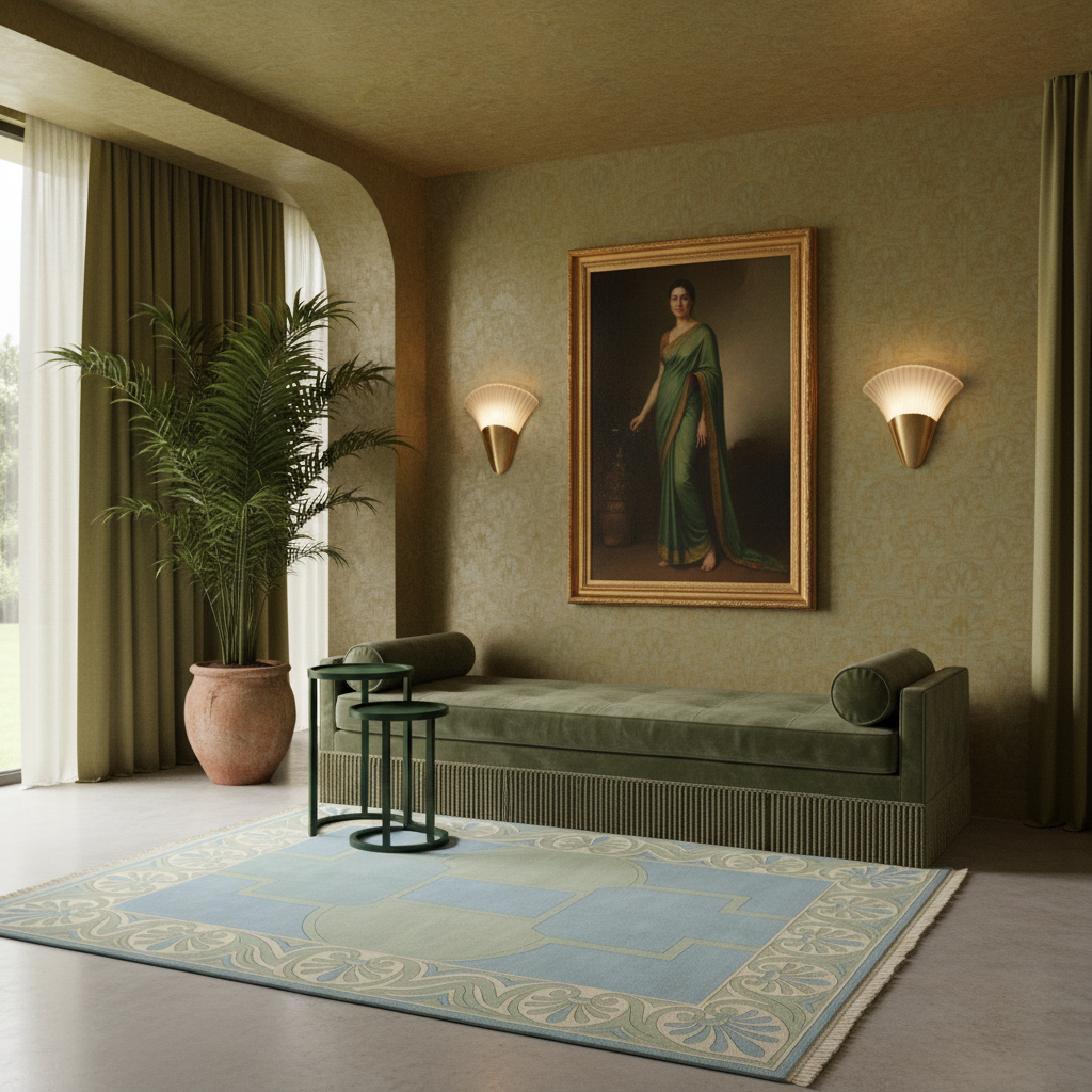 A styled interior scene with a large framed portrait of a woman in a green dress hanging on a beige wall above a green daybed. The room includes olive drapes, a potted palm, two lit wall sconces, a blue patterned rug, and small green side tables.