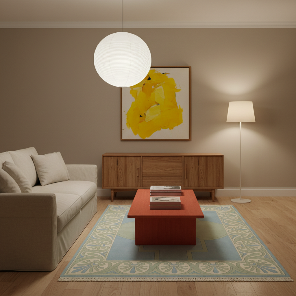A modern living room scene featuring a light beige sofa, a red wooden coffee table, a blue and cream patterned area rug, a white spherical pendant light, and a white floor lamp. A yellow abstract painting is displayed on the beige wall above a wooden credenza.