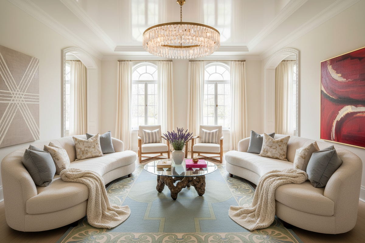 Living room with white sofas, a coffee table, and decorative rug, and decor elements.