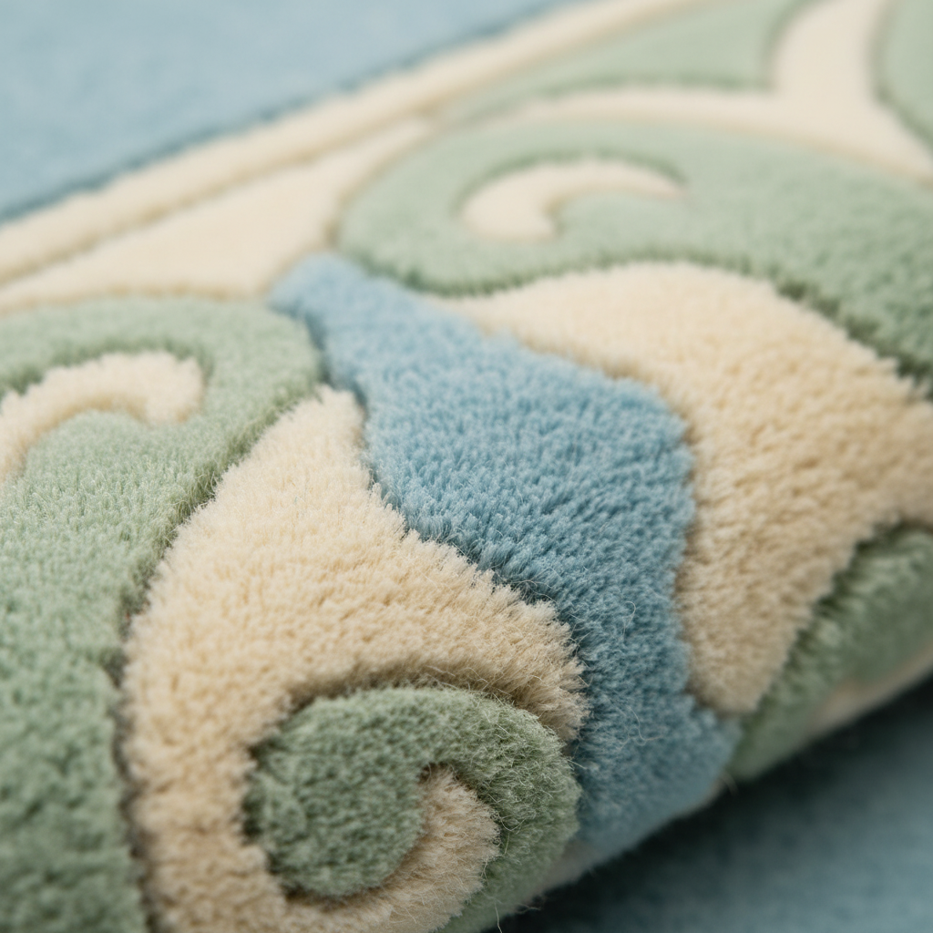 Close-up of a plush, textured rug with a raised scroll pattern in light blue, sage green, and cream.
