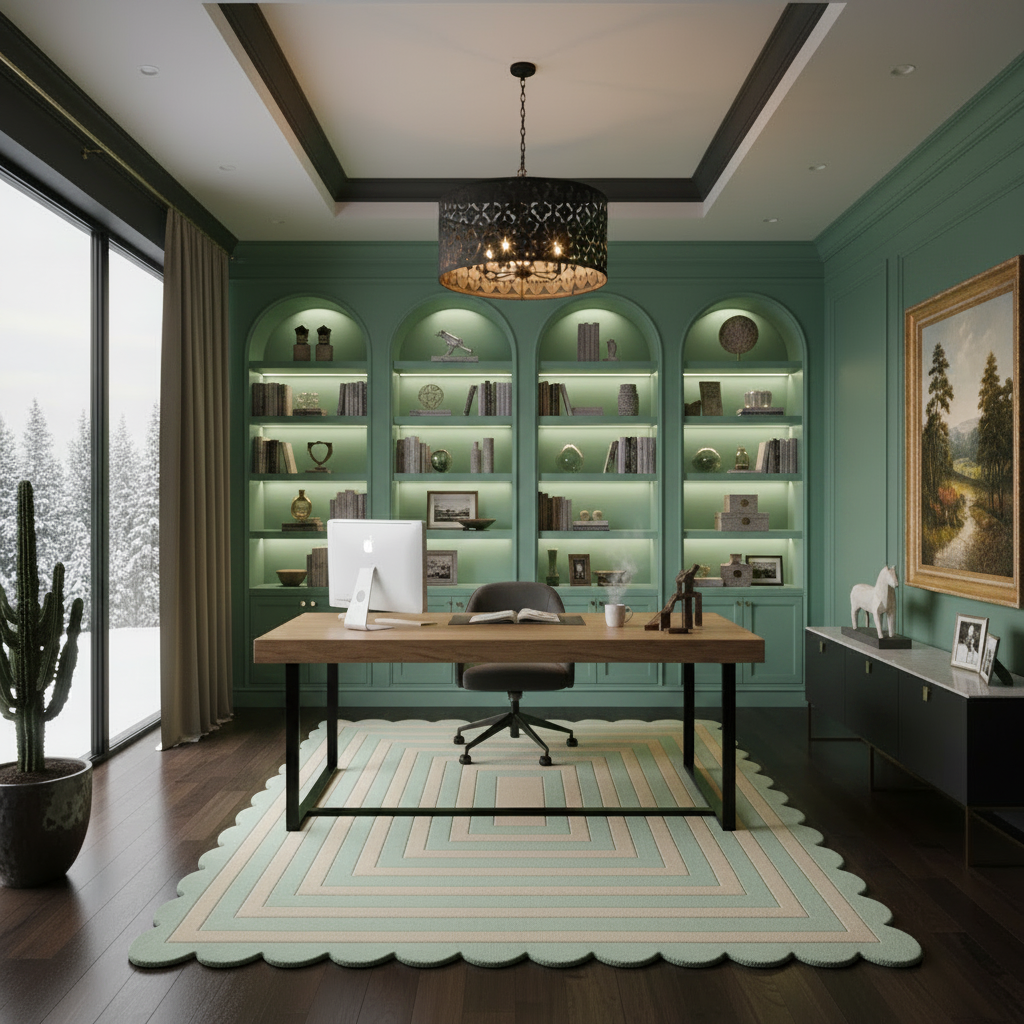 Modern home office with wooden desk, bookshelves, and decorative scallop rug.