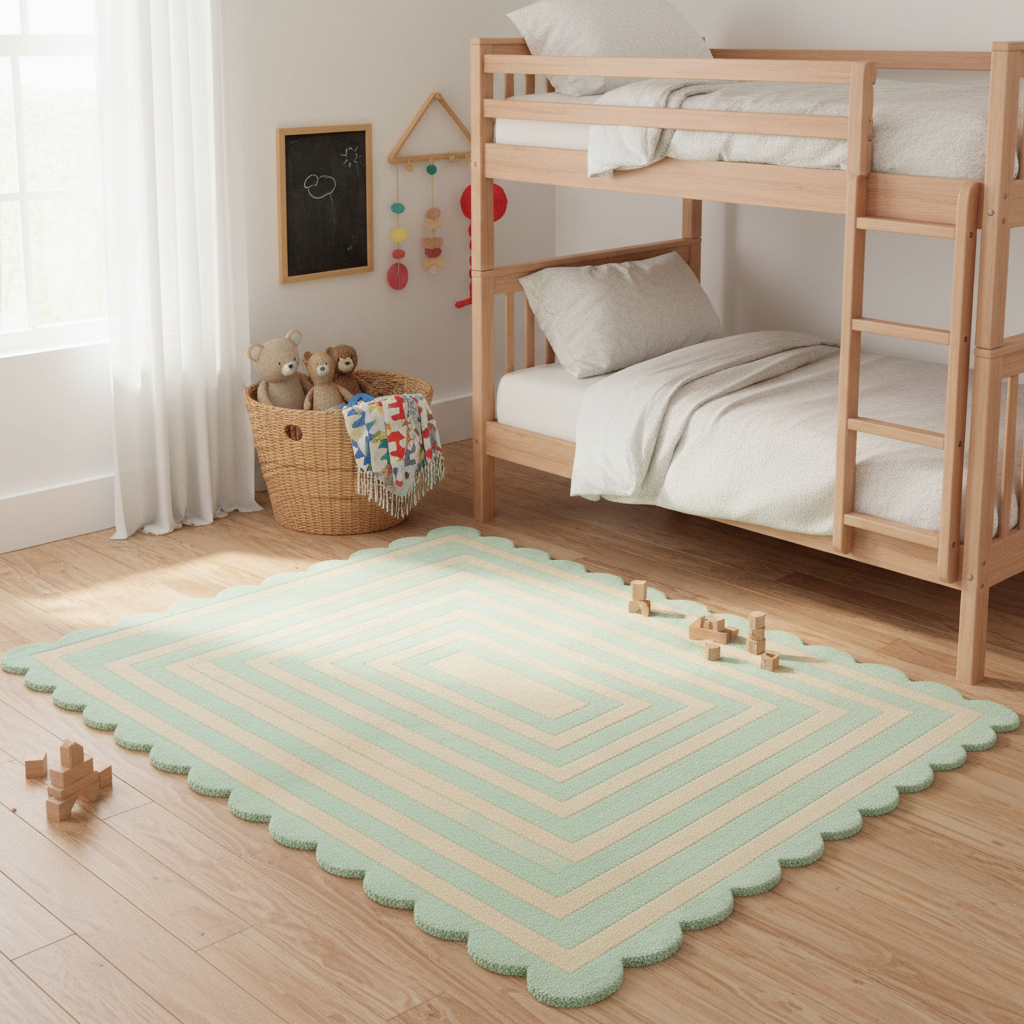 A rectangular children's rug with a scalloped edge and concentric geometric pattern in pale mint green and cream, styled on a light wood floor in a bright nursery next to a wooden bunk bed.