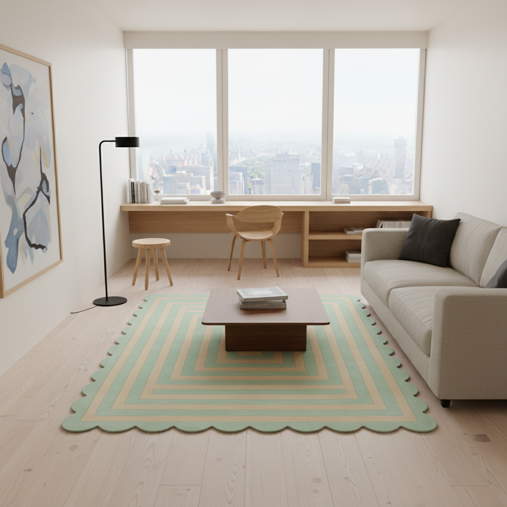 A modern living room with a large scalloped area rug in pastel green, beige, and cream tones. The rug is styled on a light wood floor in front of a beige sofa, a dark wood coffee table, a black floor lamp, and a built-in wooden desk under a large window with a city view.