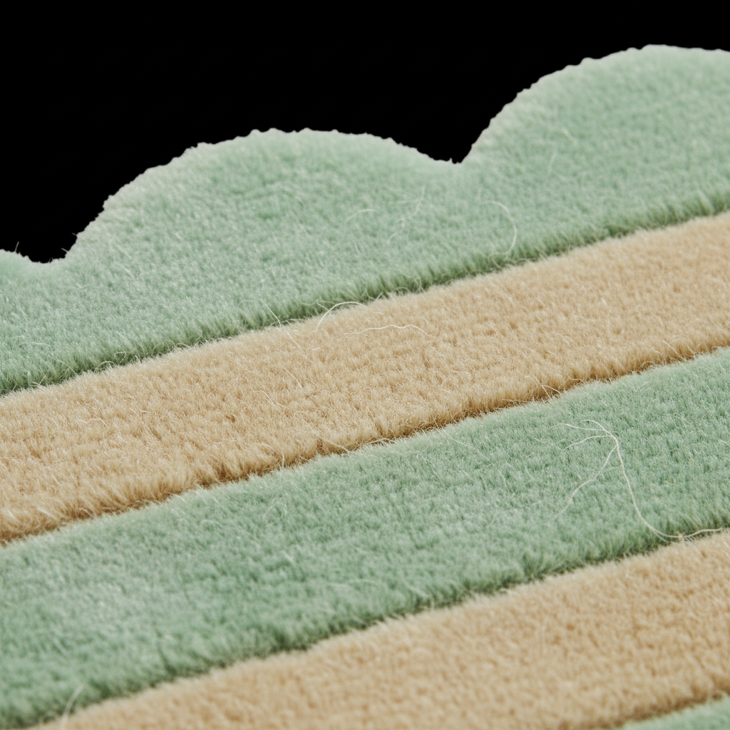 Close-up of a plush, textured fabric product with horizontal stripes in sage green and warm beige, set against a solid black background.
