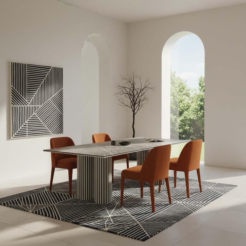 A modern dining room scene with a rectangular table and four orange upholstered chairs on a patterned rug, set in a bright minimalist room with arched windows and wall art.