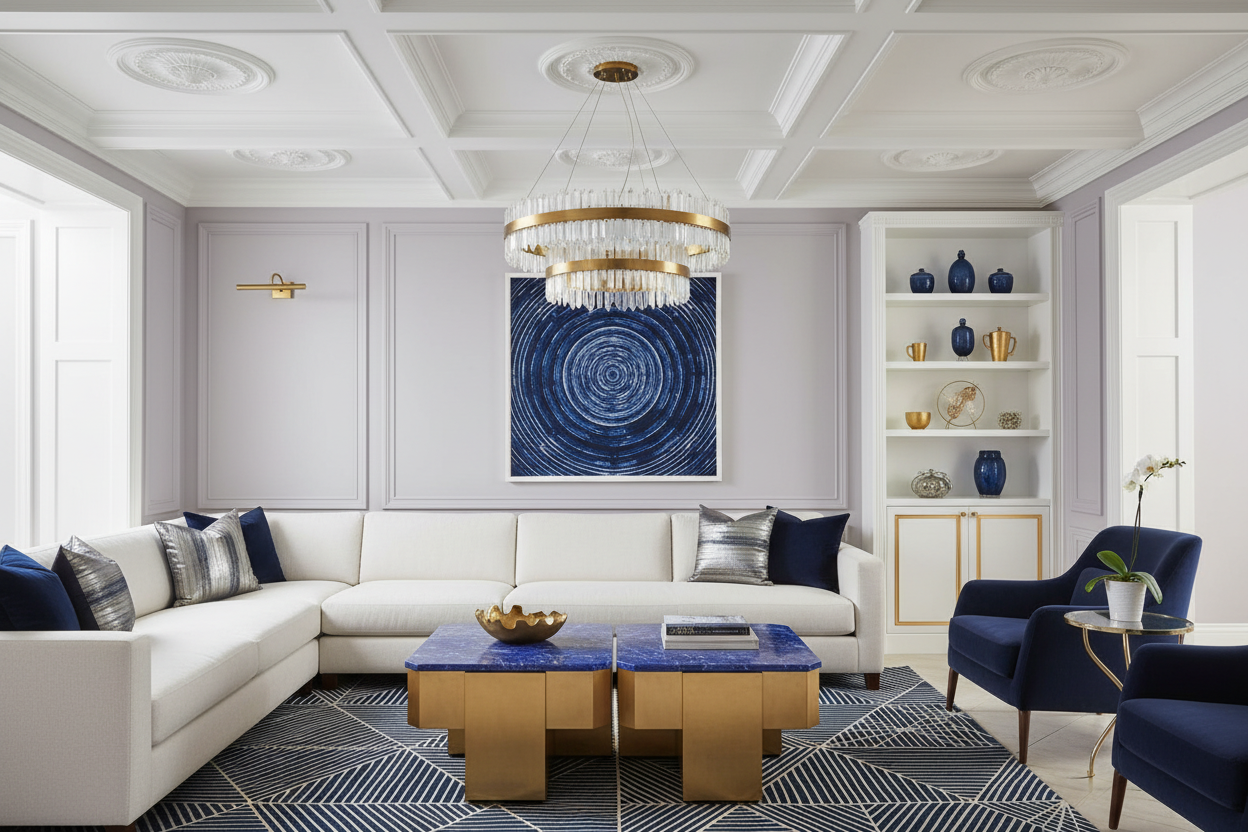Modern living room with white sofa, blue coffee table, and decorative geometric rug, wall art.