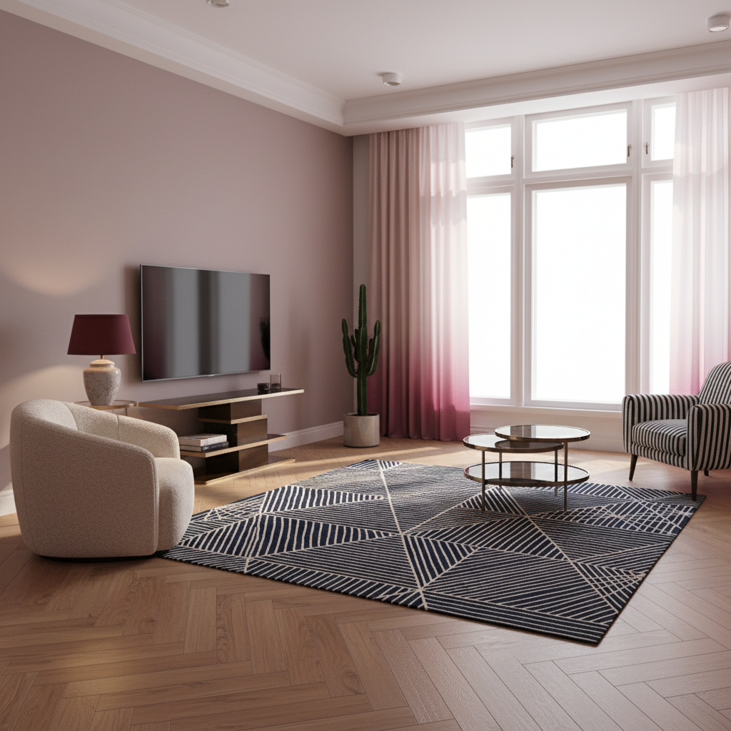 A modern living room with a large black and white geometric patterned area rug on a light wood herringbone floor. The room features a mauve-pink wall, a beige armchair, a striped armchair, a glass coffee table, and a TV on a low wooden console. A pink gradient curtain hangs over a large window.