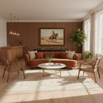 A styled living room interior with a rust-brown sofa centered on a pale patterned rug, flanked by two wooden armchairs. A round white coffee table sits in front, and behind the sofa is a wood slat wall with a framed painting of a rider on horseback and a green pool table.