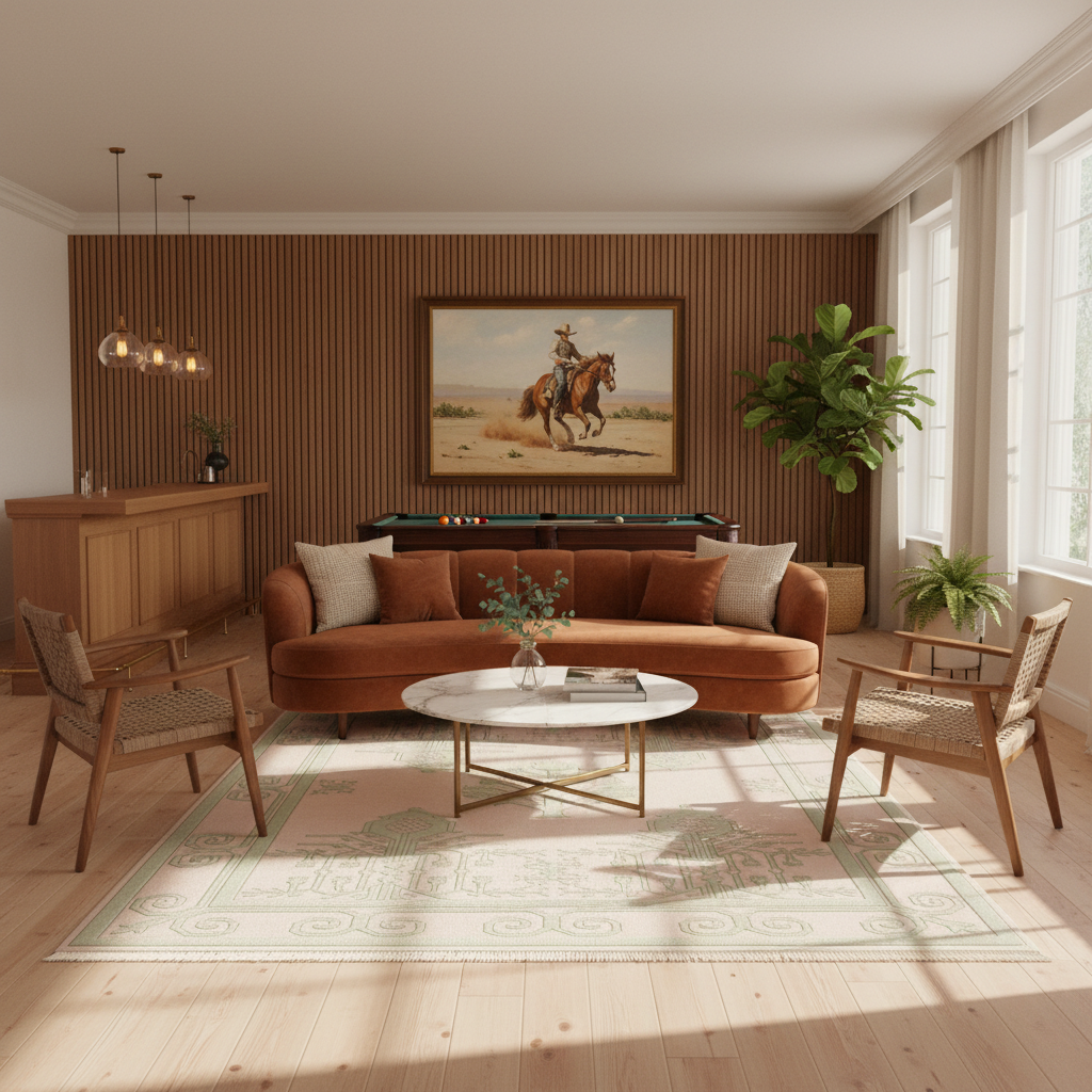 A styled living room interior with a rust-brown sofa centered on a pale patterned rug, flanked by two wooden armchairs. A round white coffee table sits in front, and behind the sofa is a wood slat wall with a framed painting of a rider on horseback and a green pool table.